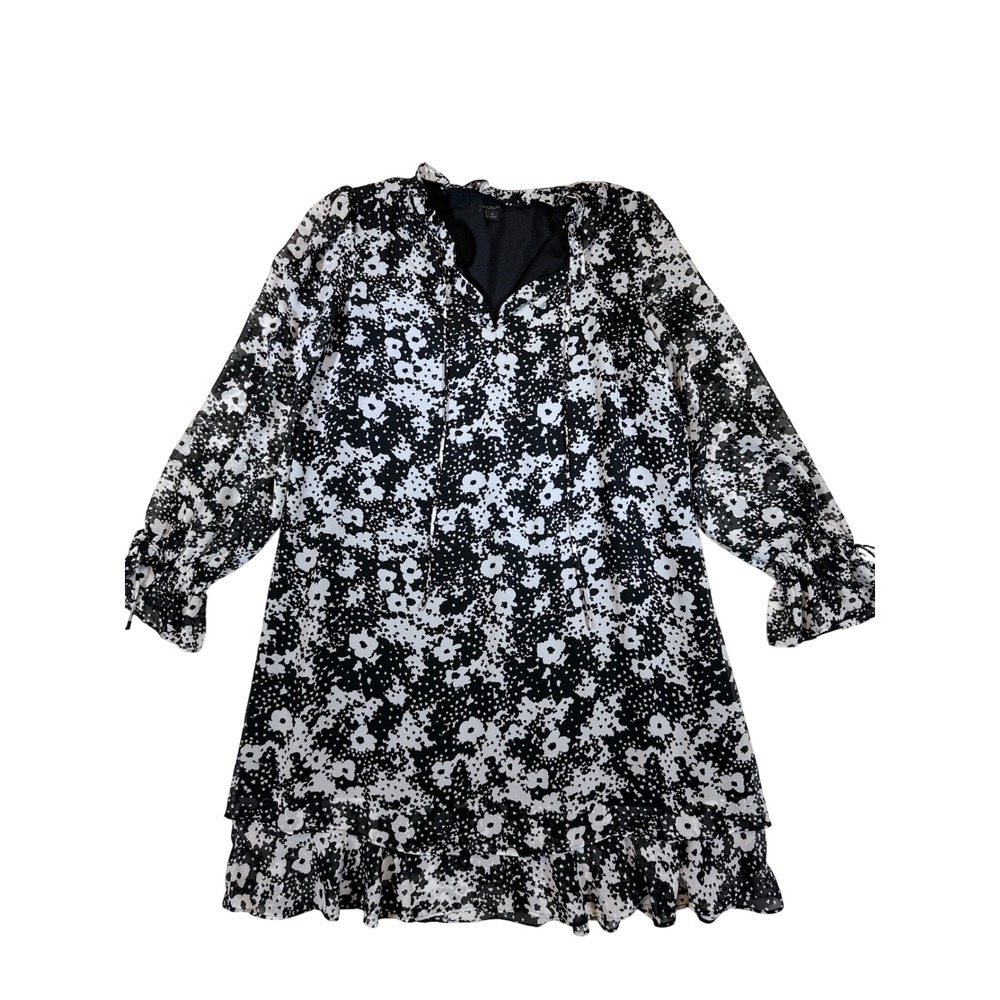 Ann Taylor Factory Womens Medium Black White Floral Ruffle Dress